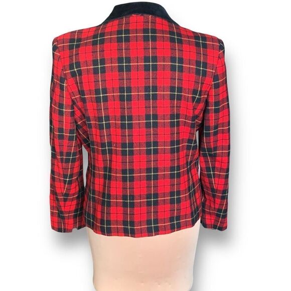 Vintage Petite Blazer Jacket Tailored Red Black Tartan Plaid Velvet Preppy 12 - Picture 2 of 9